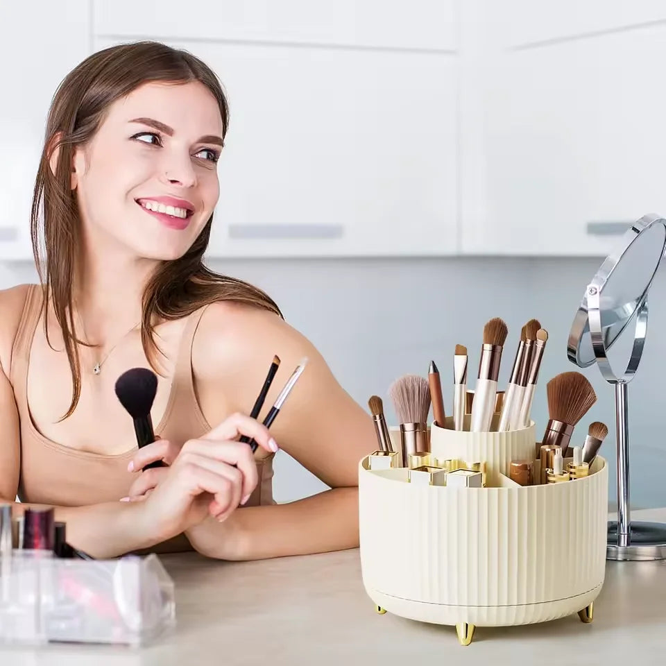 360° Rotating Makeup Organizer — Spinning Cosmetic Storage Tower for Vanity & Bathroom