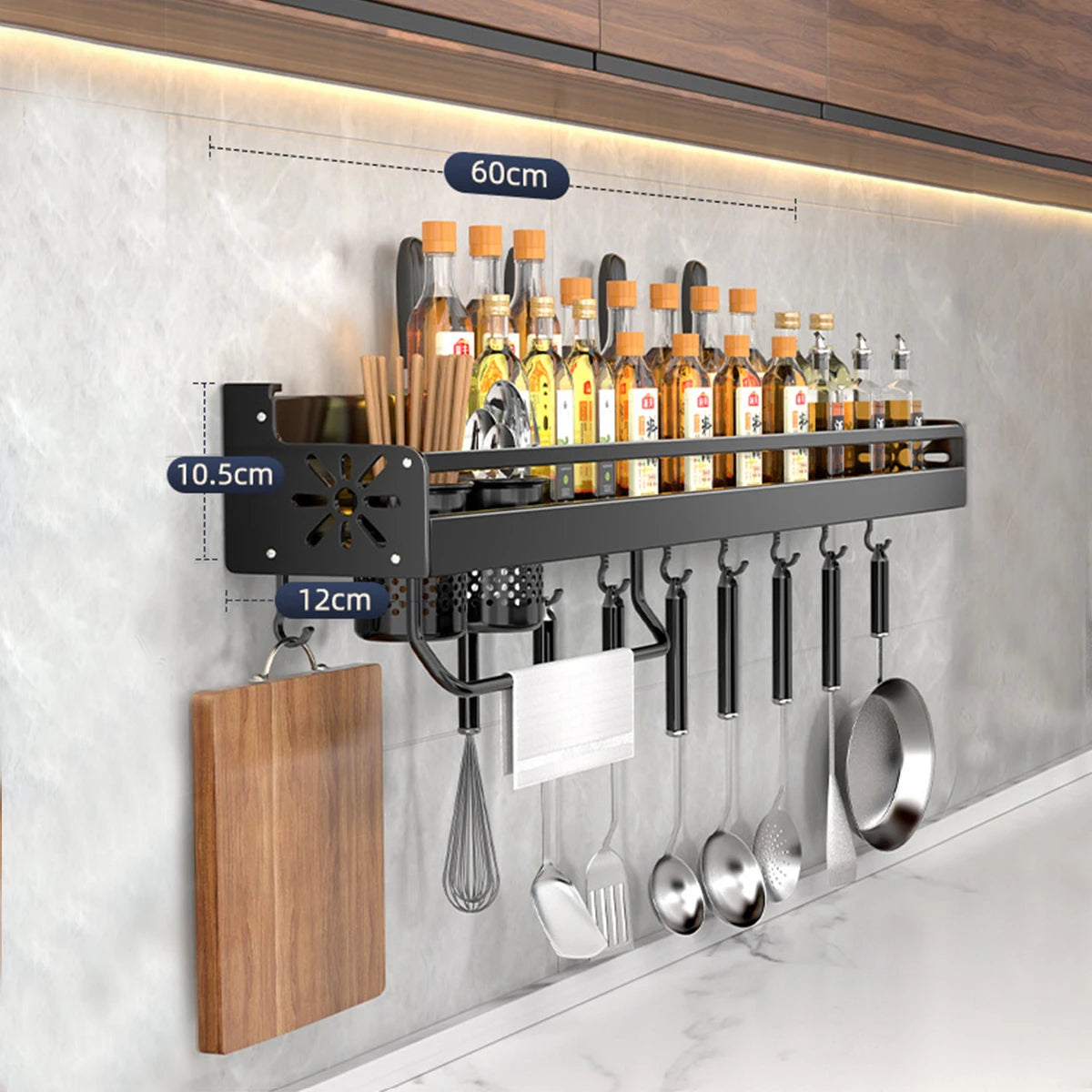 Wall-Mounted Kitchen Rack — No-Drill Spice Shelf with Utensil Hooks & Knife Holder.