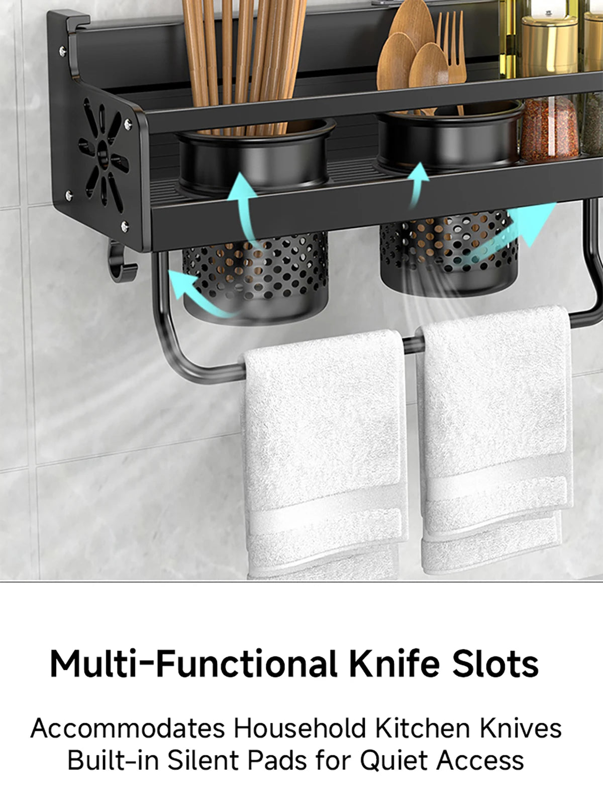 Wall-Mounted Kitchen Rack — No-Drill Spice Shelf with Utensil Hooks & Knife Holder.