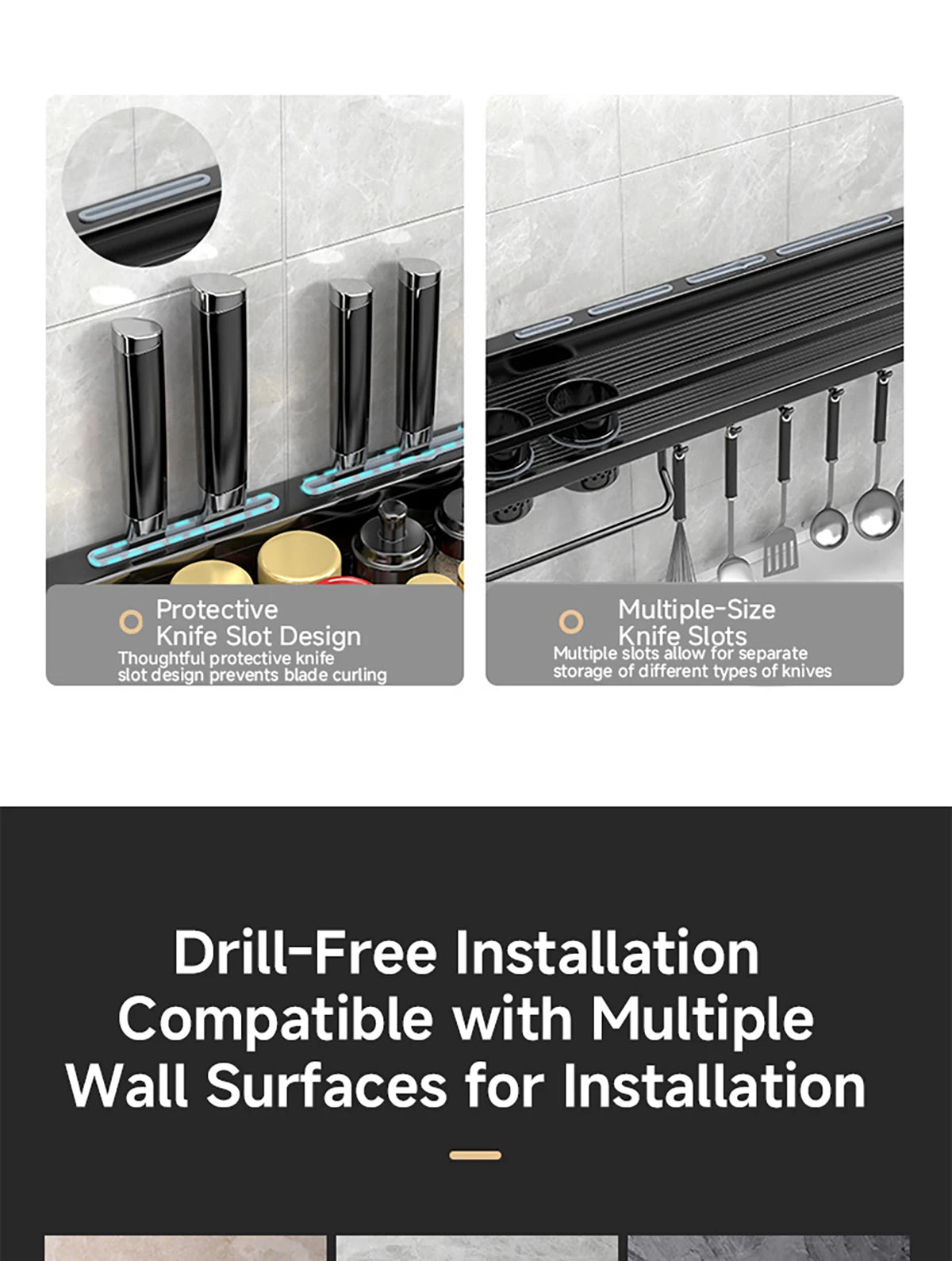 Wall-Mounted Kitchen Rack — No-Drill Spice Shelf with Utensil Hooks & Knife Holder.