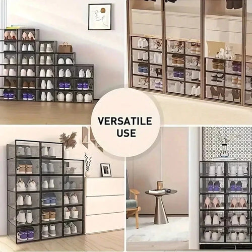 Stackable Shoe Storage Box 6/12 Pack Clear Plastic Stackable Shoe Storage Box | Space Saving Foldable Shoe Organizer for Closet