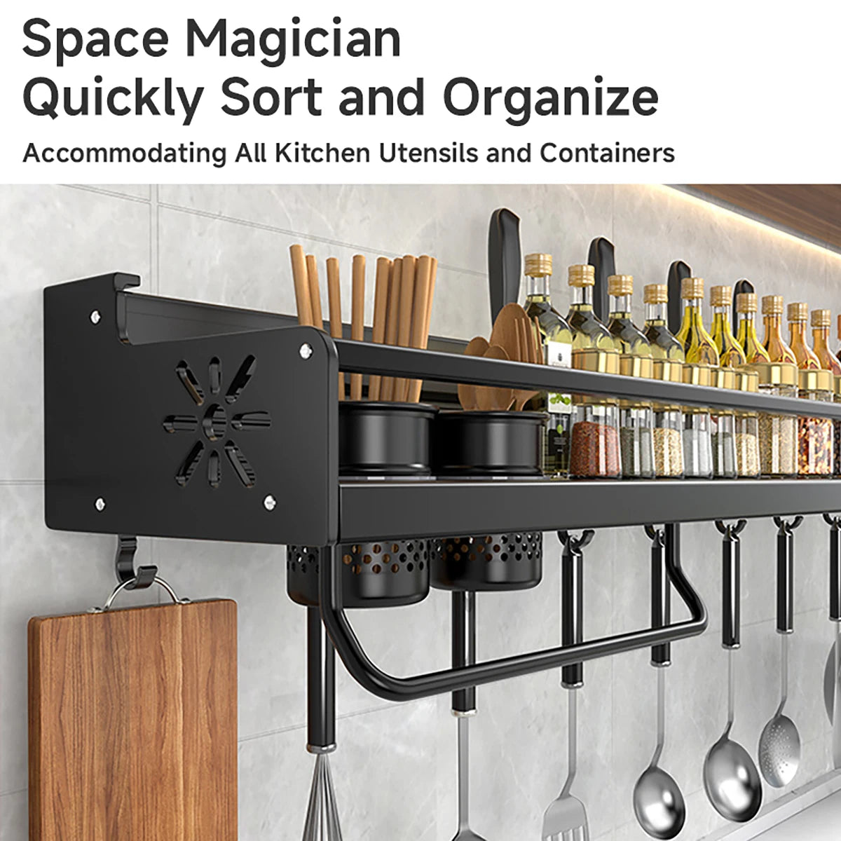 Wall-Mounted Kitchen Rack — No-Drill Spice Shelf with Utensil Hooks & Knife Holder.