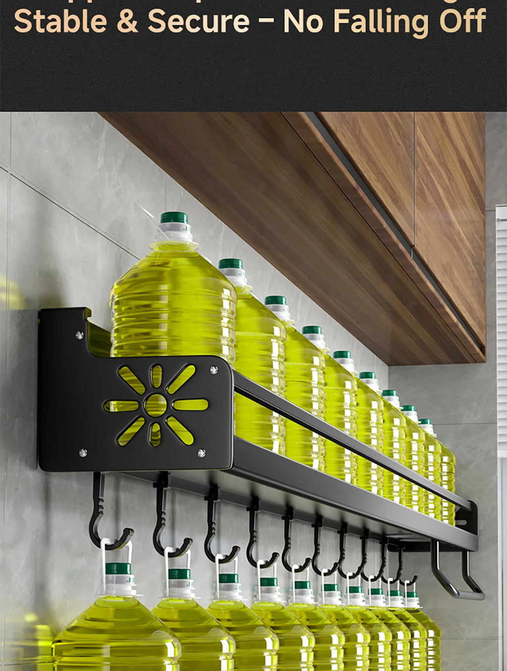 Wall-Mounted Kitchen Rack — No-Drill Spice Shelf with Utensil Hooks & Knife Holder.