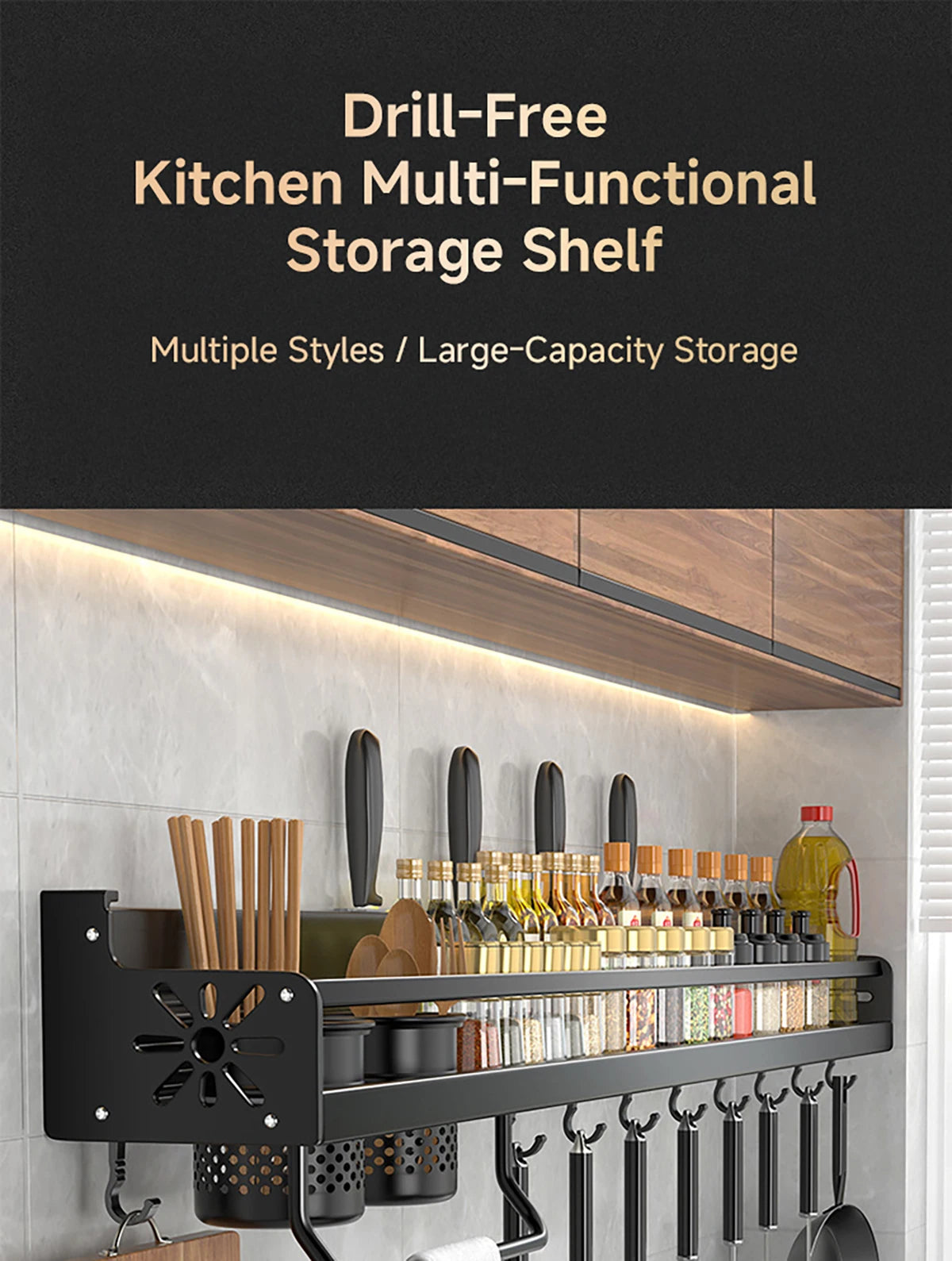 Wall-Mounted Kitchen Rack — No-Drill Spice Shelf with Utensil Hooks & Knife Holder.