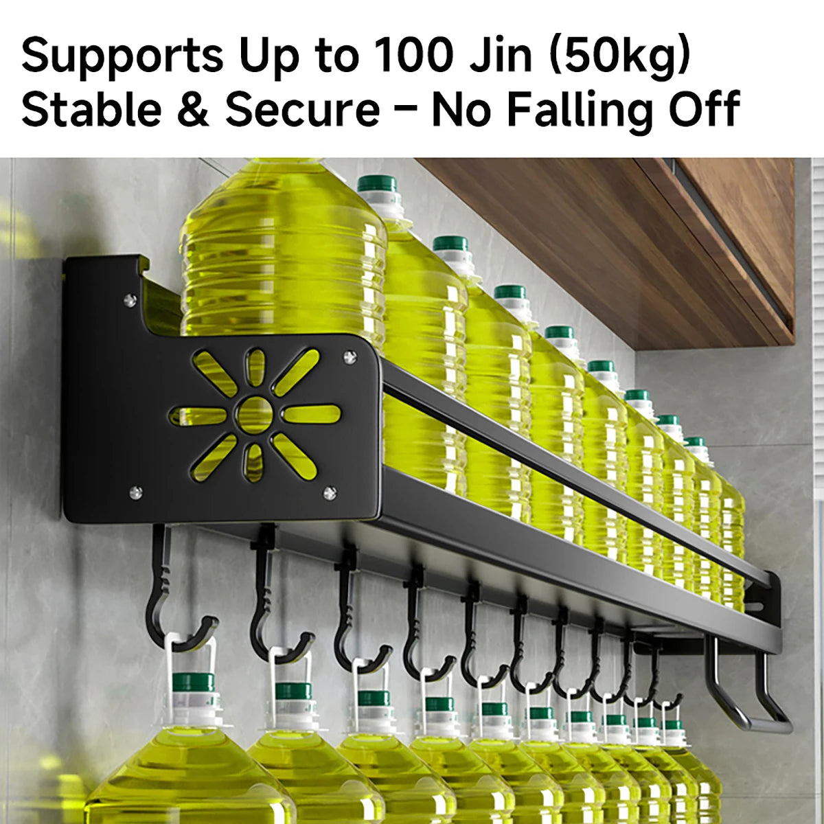 Wall-Mounted Kitchen Rack — No-Drill Spice Shelf with Utensil Hooks & Knife Holder.