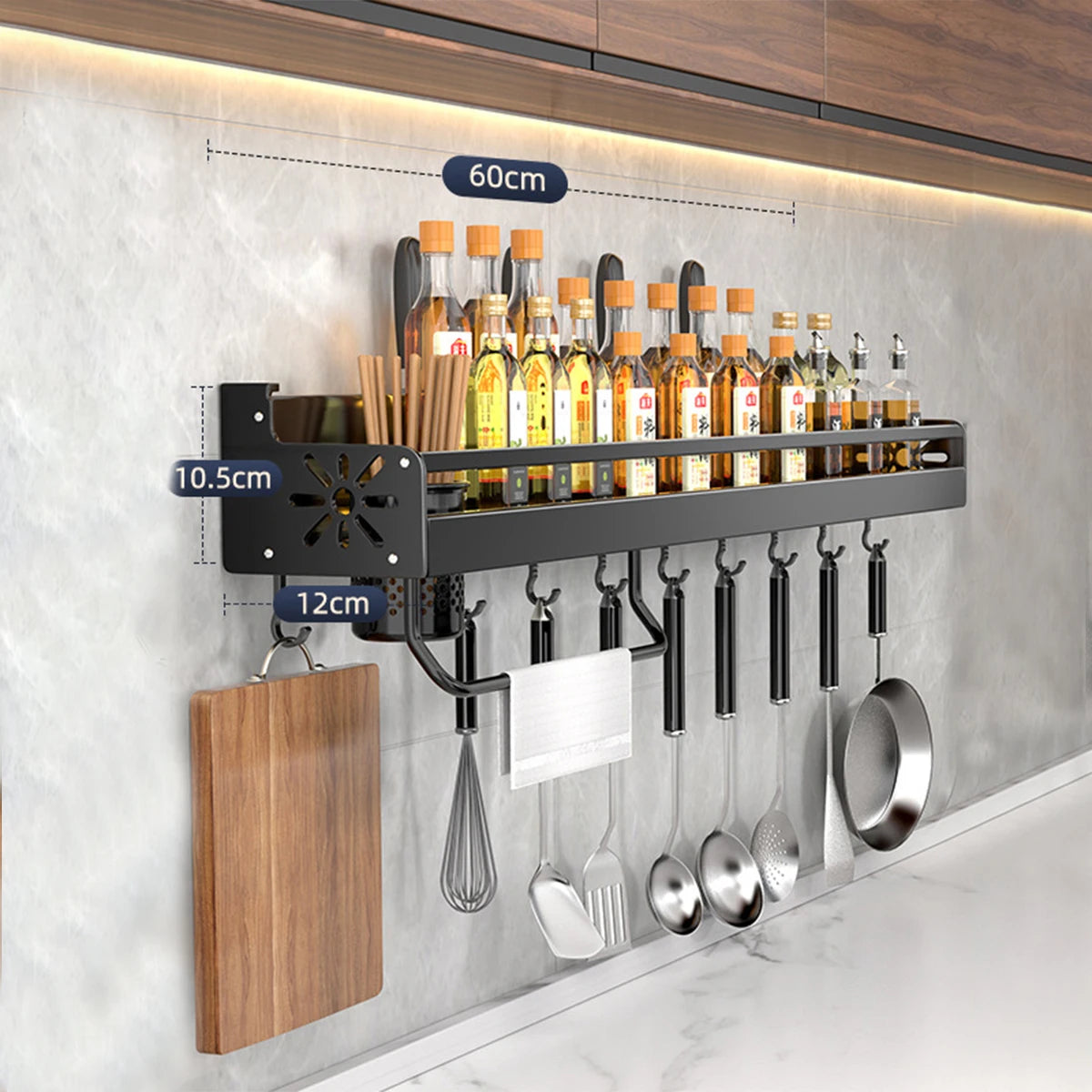 Wall-Mounted Kitchen Rack — No-Drill Spice Shelf with Utensil Hooks & Knife Holder.