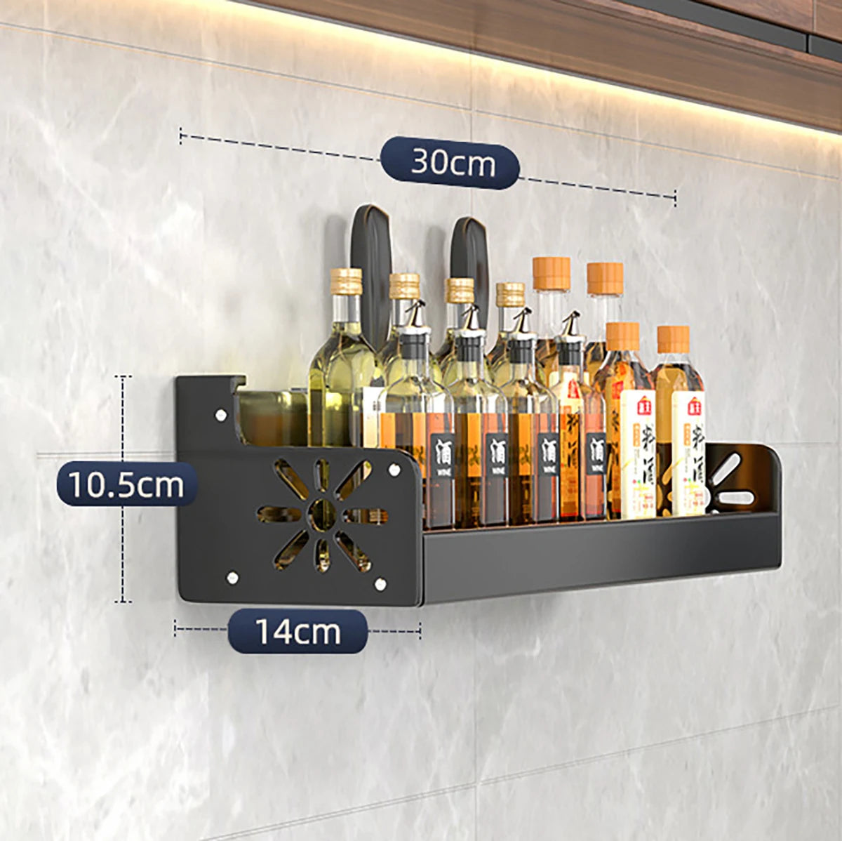Wall-Mounted Kitchen Rack — No-Drill Spice Shelf with Utensil Hooks & Knife Holder.
