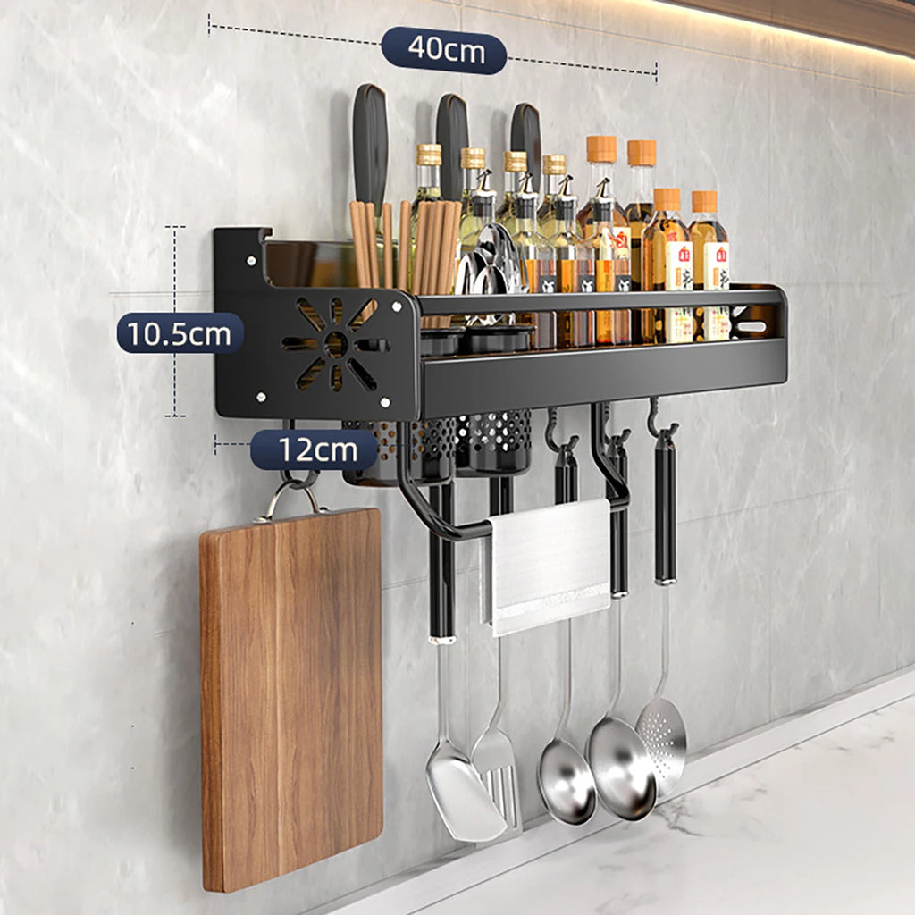 Wall-Mounted Kitchen Rack — No-Drill Spice Shelf with Utensil Hooks & Knife Holder.