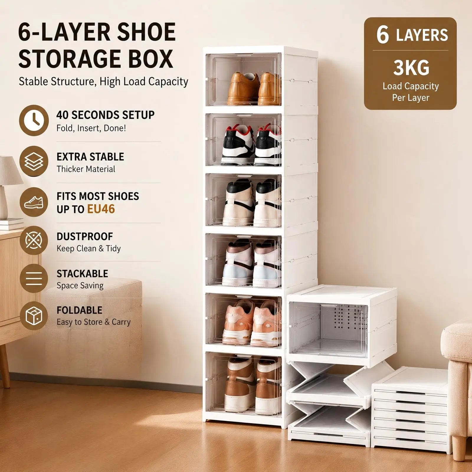 6 Layers Shoes Box Foldable Transparent Sneaker Shoe Storage Organizers Box Stackable Dustproof High-top Cabinet Shoe Rack Shelf