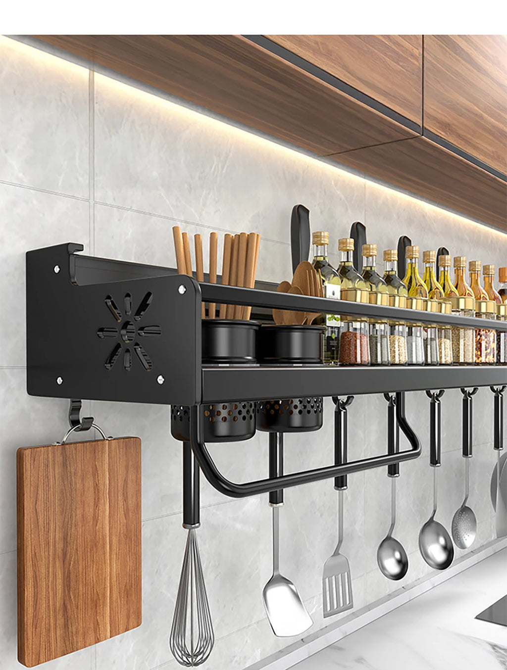 Wall-Mounted Kitchen Rack — No-Drill Spice Shelf with Utensil Hooks & Knife Holder.