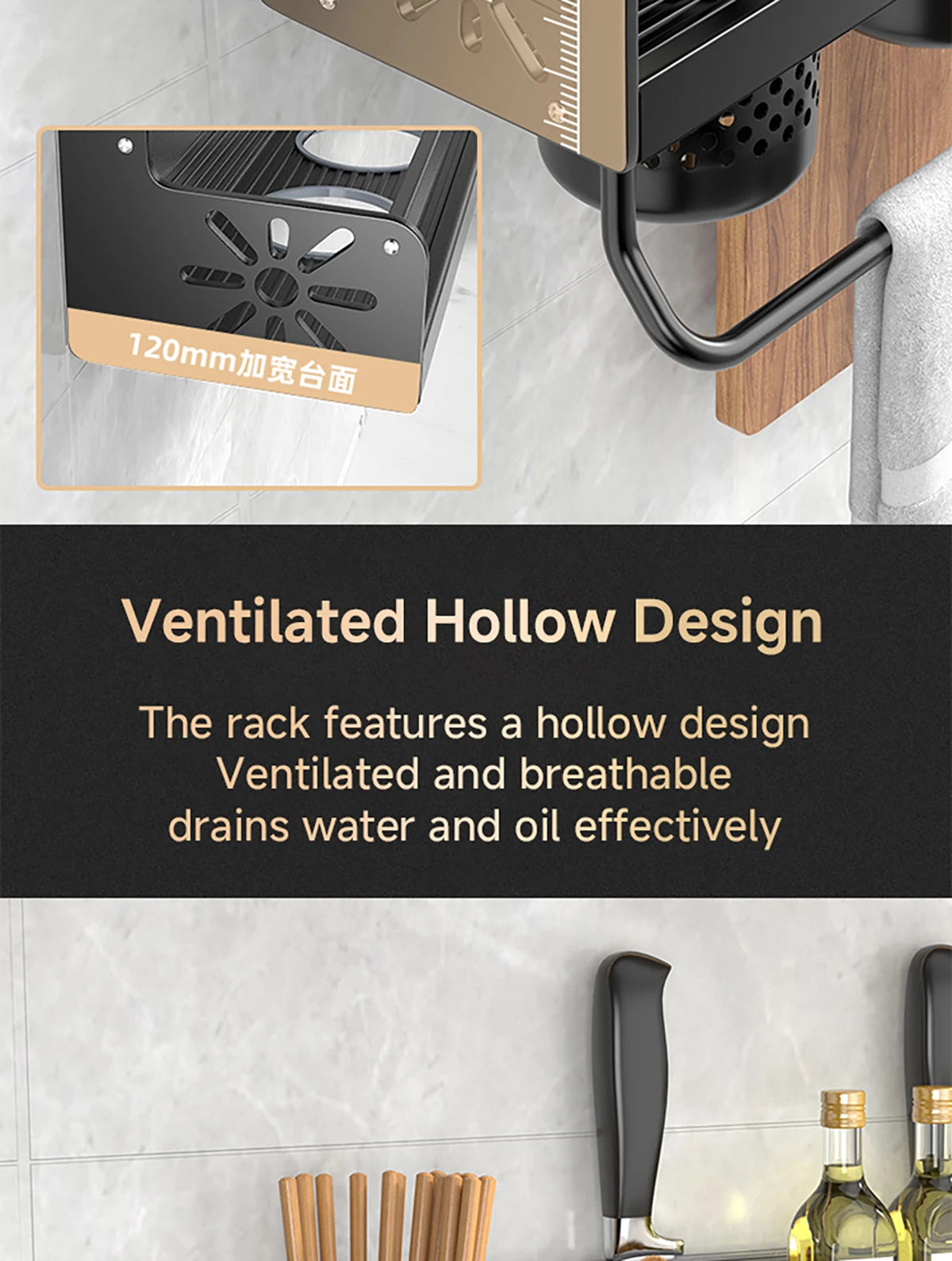 Wall-Mounted Kitchen Rack — No-Drill Spice Shelf with Utensil Hooks & Knife Holder.