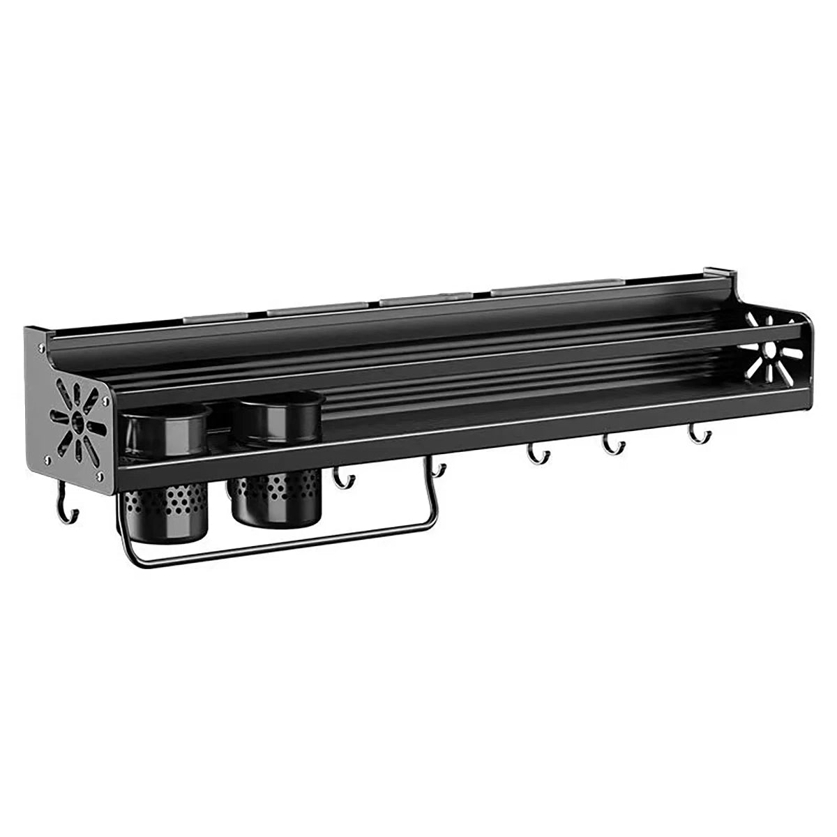 Wall-Mounted Kitchen Rack — No-Drill Spice Shelf with Utensil Hooks & Knife Holder.