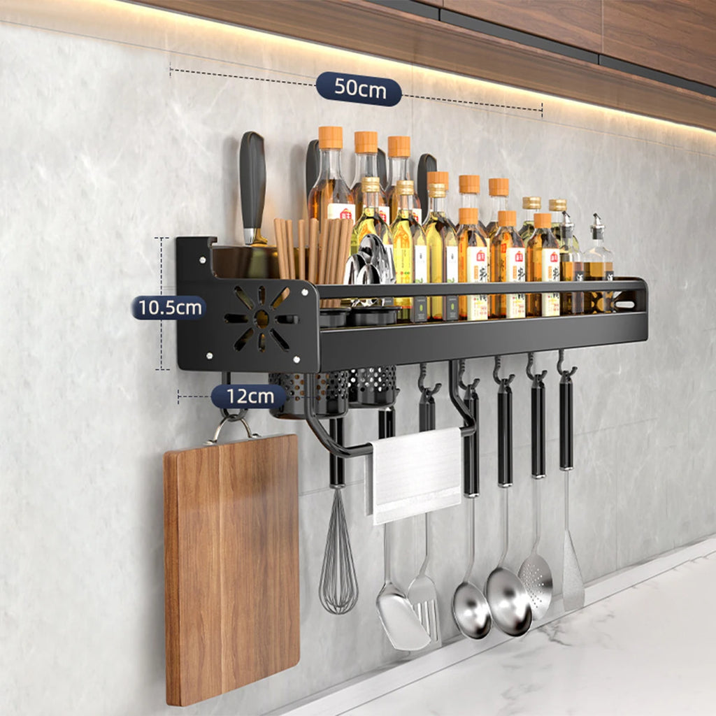 Wall-Mounted Kitchen Rack — No-Drill Spice Shelf with Utensil Hooks & Knife Holder.
