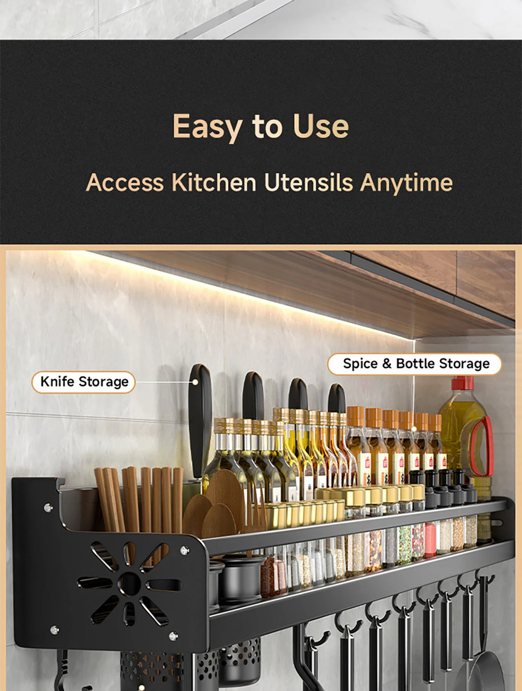 Wall-Mounted Kitchen Rack — No-Drill Spice Shelf with Utensil Hooks & Knife Holder.