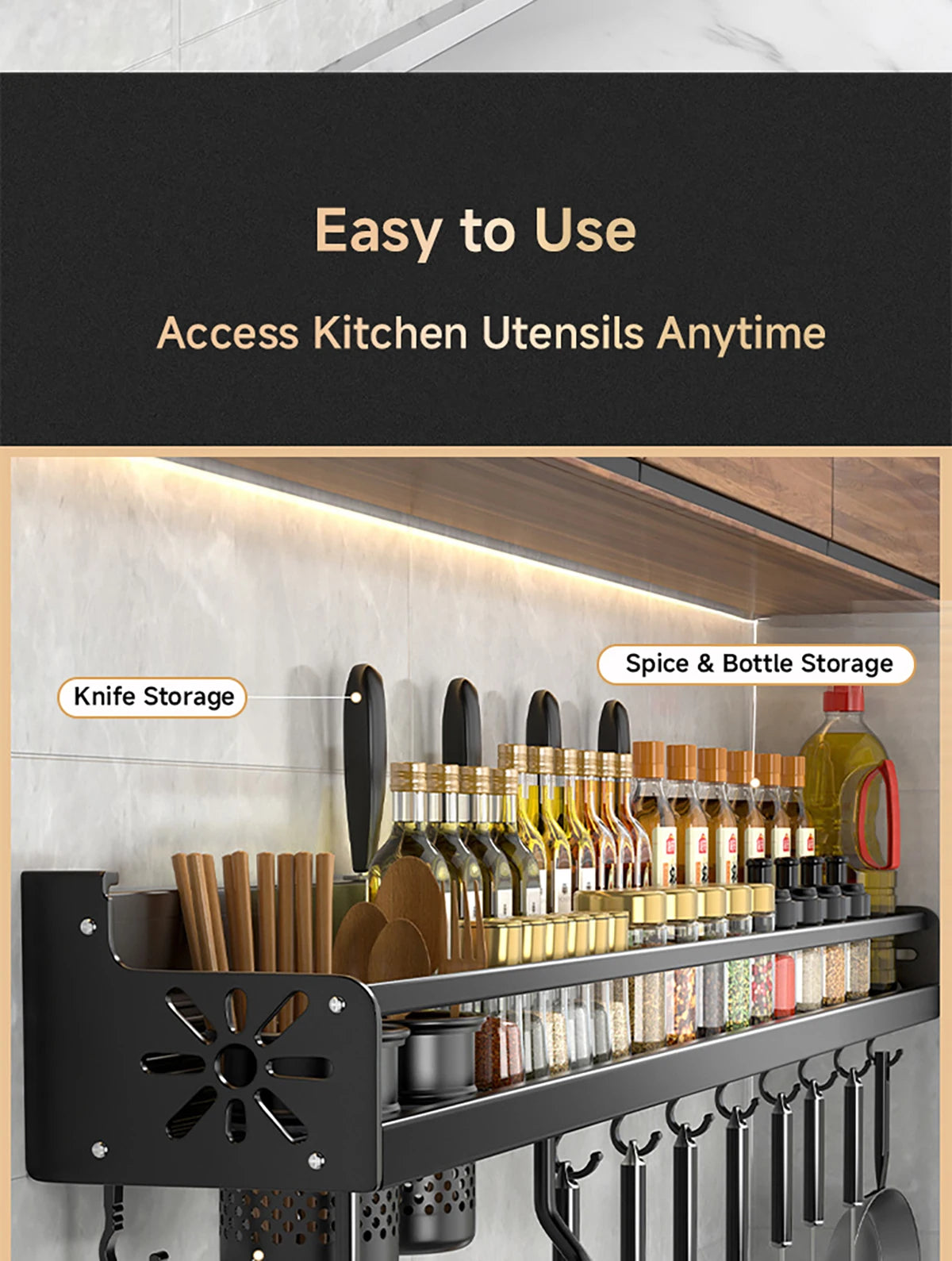Wall-Mounted Kitchen Rack — No-Drill Spice Shelf with Utensil Hooks & Knife Holder.