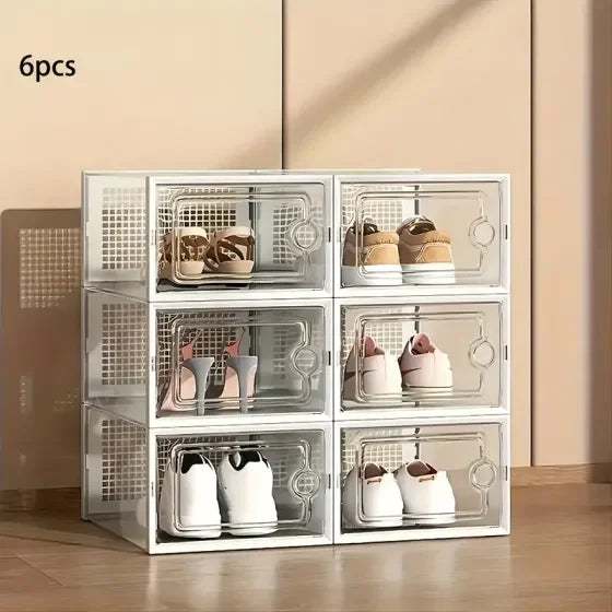 Stackable Shoe Storage Box 6/12 Pack Clear Plastic Stackable Shoe Storage Box | Space Saving Foldable Shoe Organizer for Closet