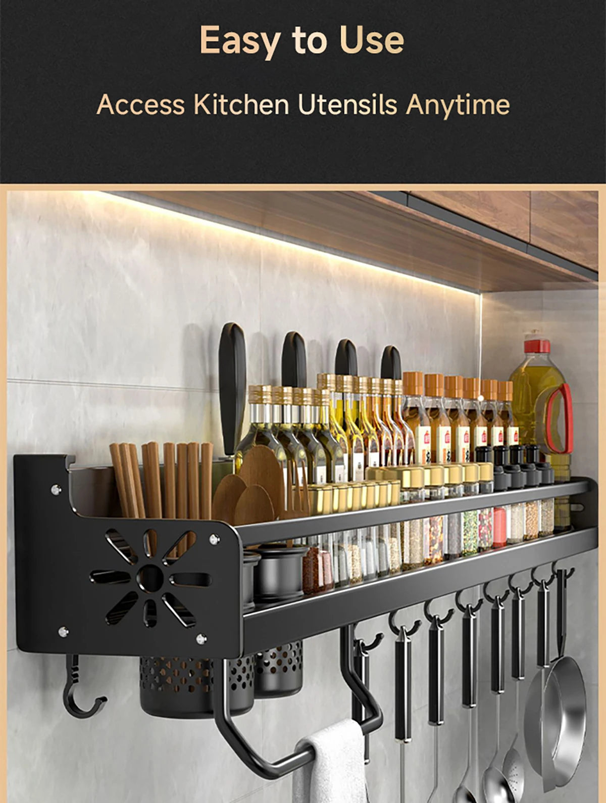 Wall-Mounted Kitchen Rack — No-Drill Spice Shelf with Utensil Hooks & Knife Holder.