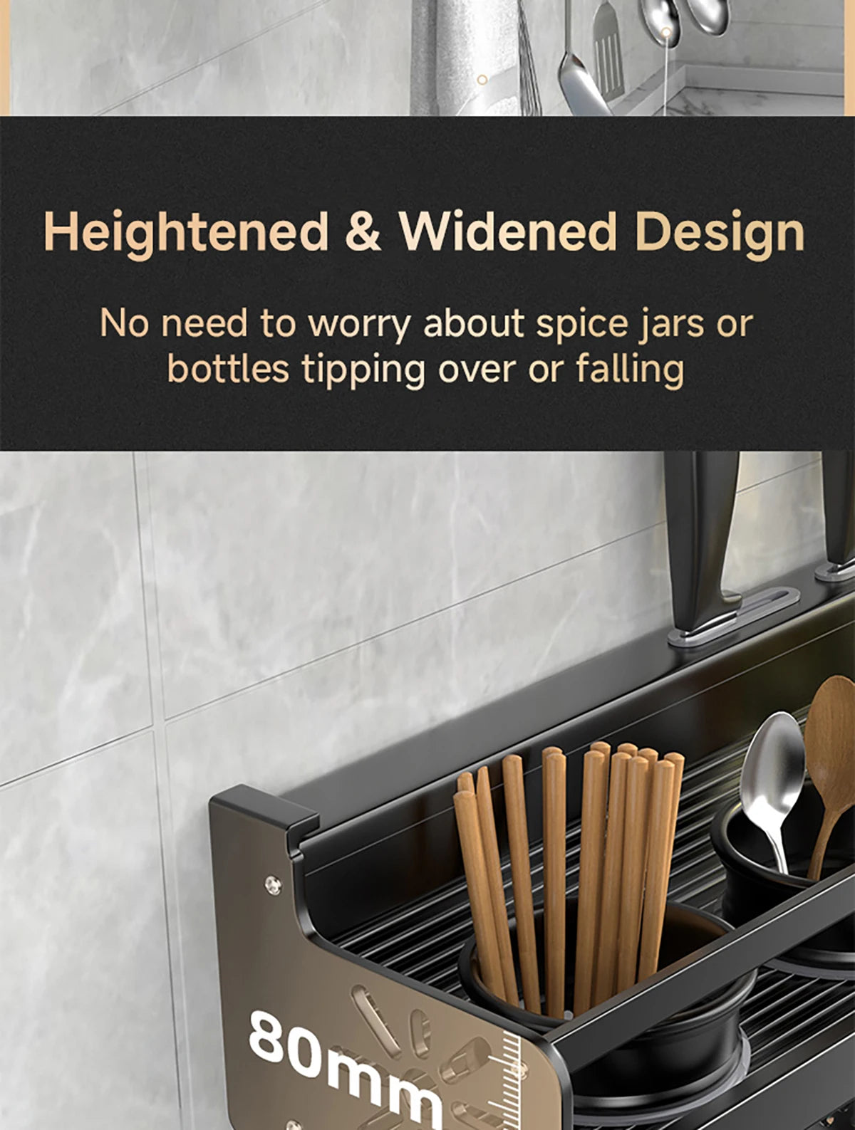 Wall-Mounted Kitchen Rack — No-Drill Spice Shelf with Utensil Hooks & Knife Holder.