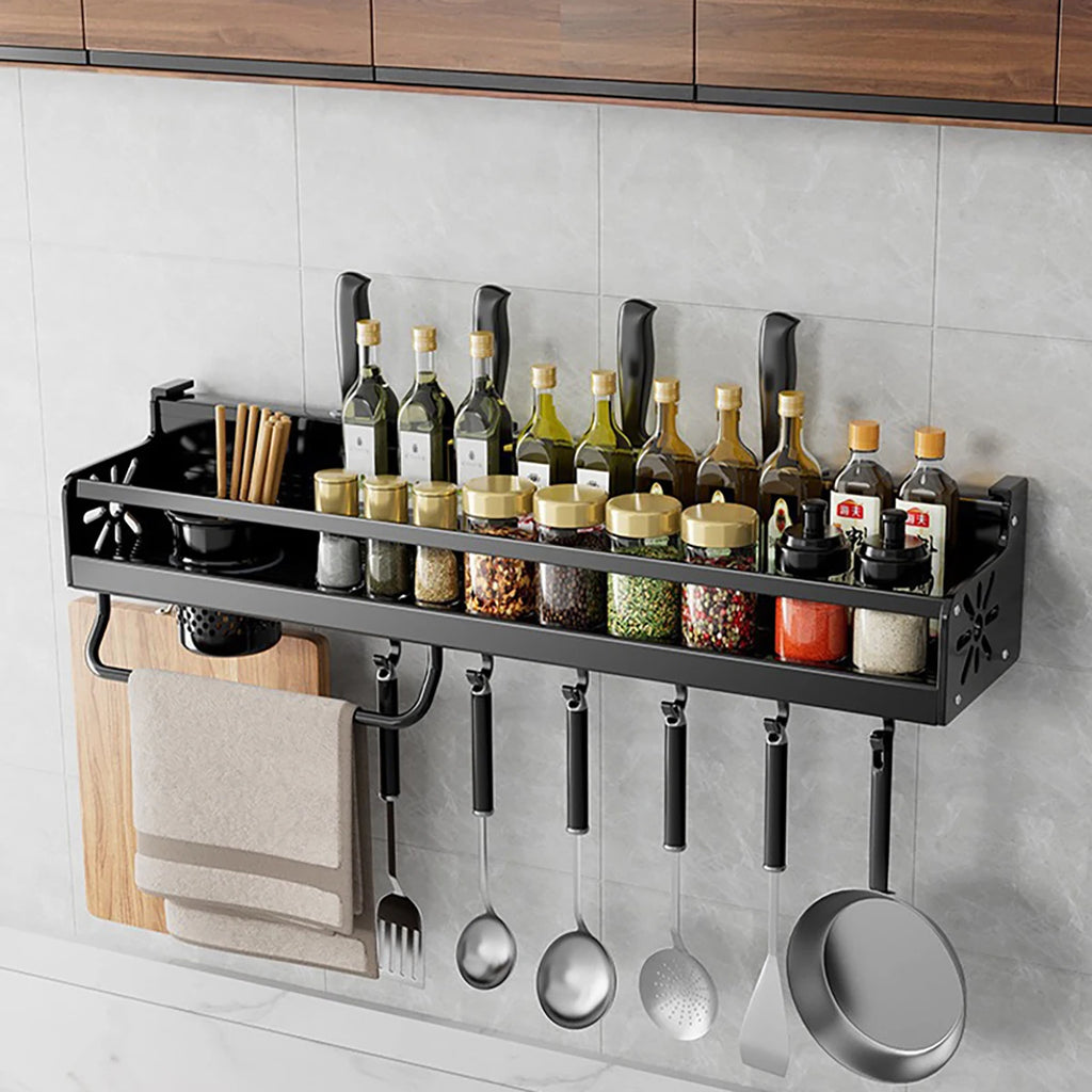 Wall-Mounted Kitchen Rack — No-Drill Spice Shelf with Utensil Hooks & Knife Holder.