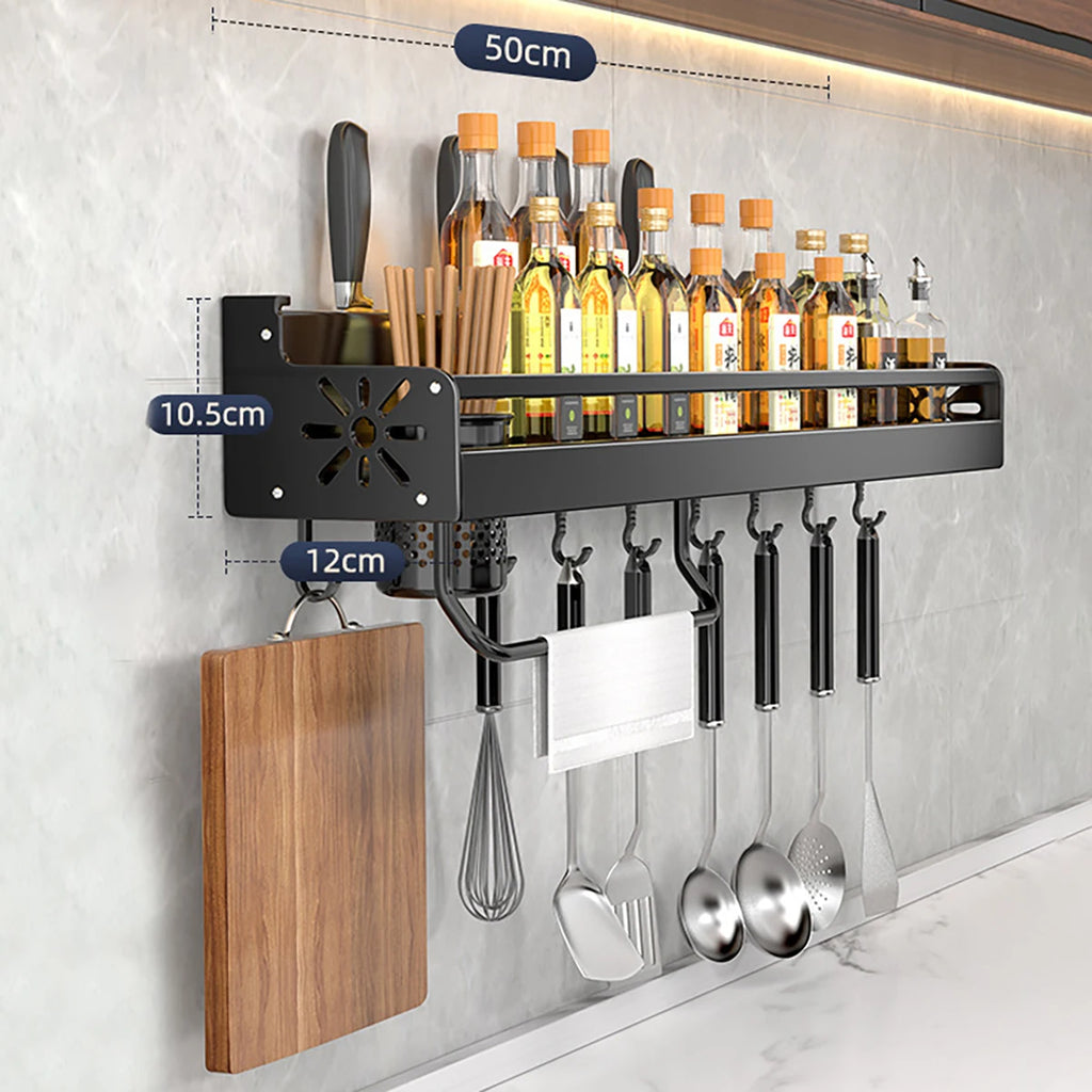 Wall-Mounted Kitchen Rack — No-Drill Spice Shelf with Utensil Hooks & Knife Holder.