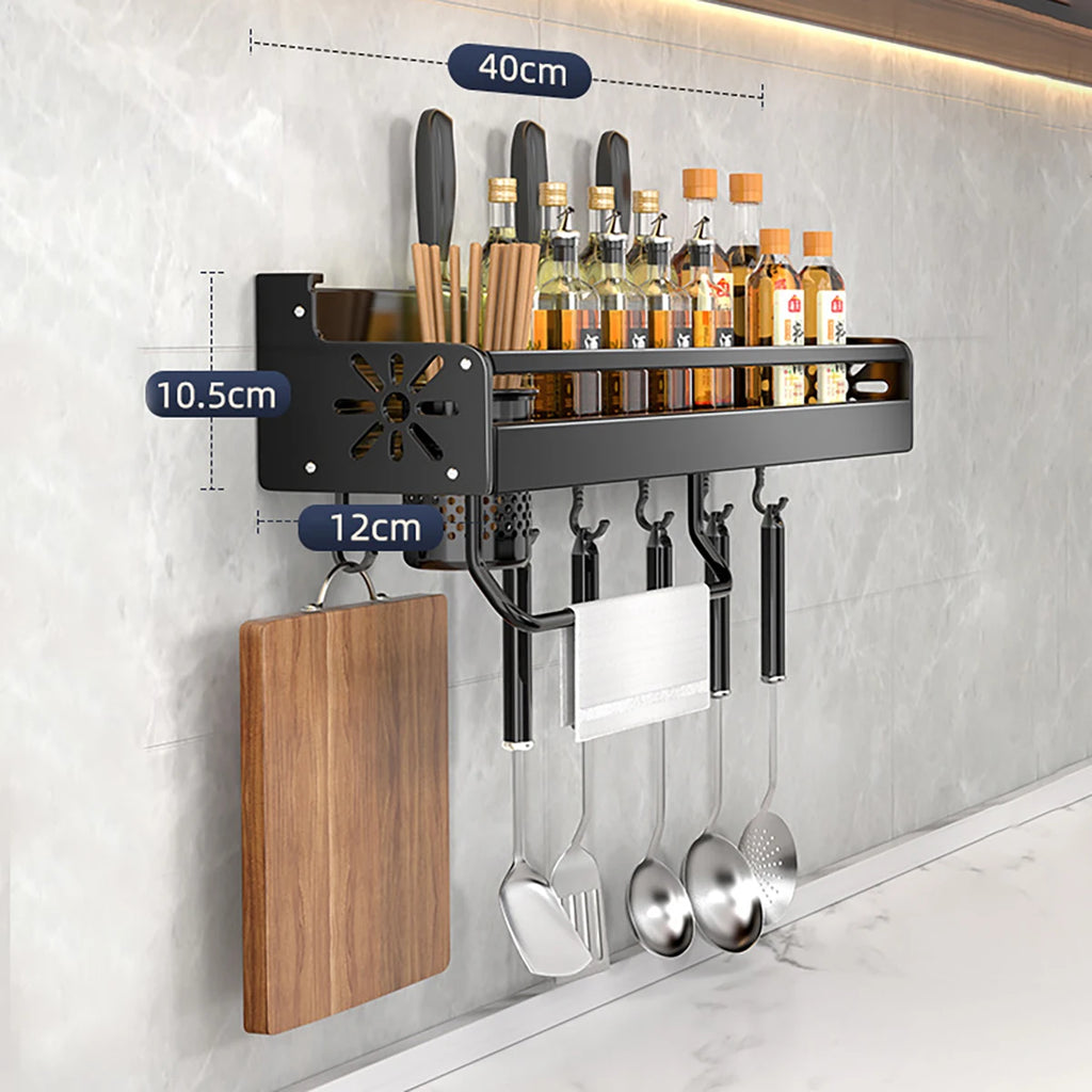 Wall-Mounted Kitchen Rack — No-Drill Spice Shelf with Utensil Hooks & Knife Holder.