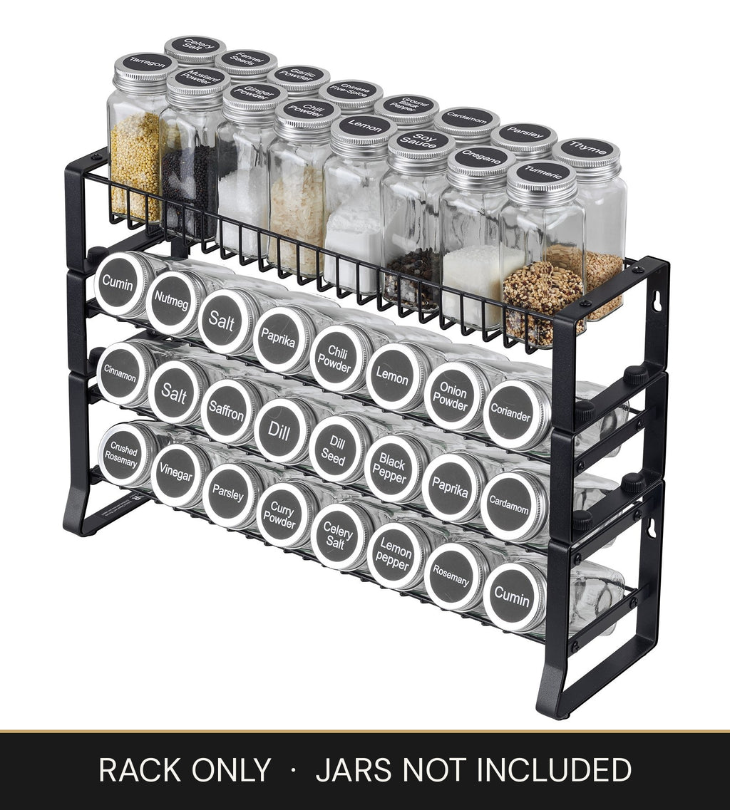 Tiered spice rack organizer on a countertop with four rows of labeled spice jars, rack only, jars not included
