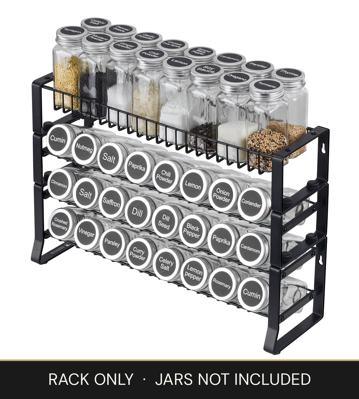 Tiered spice rack organizer on a countertop with four rows of labeled spice jars, rack only, jars not included