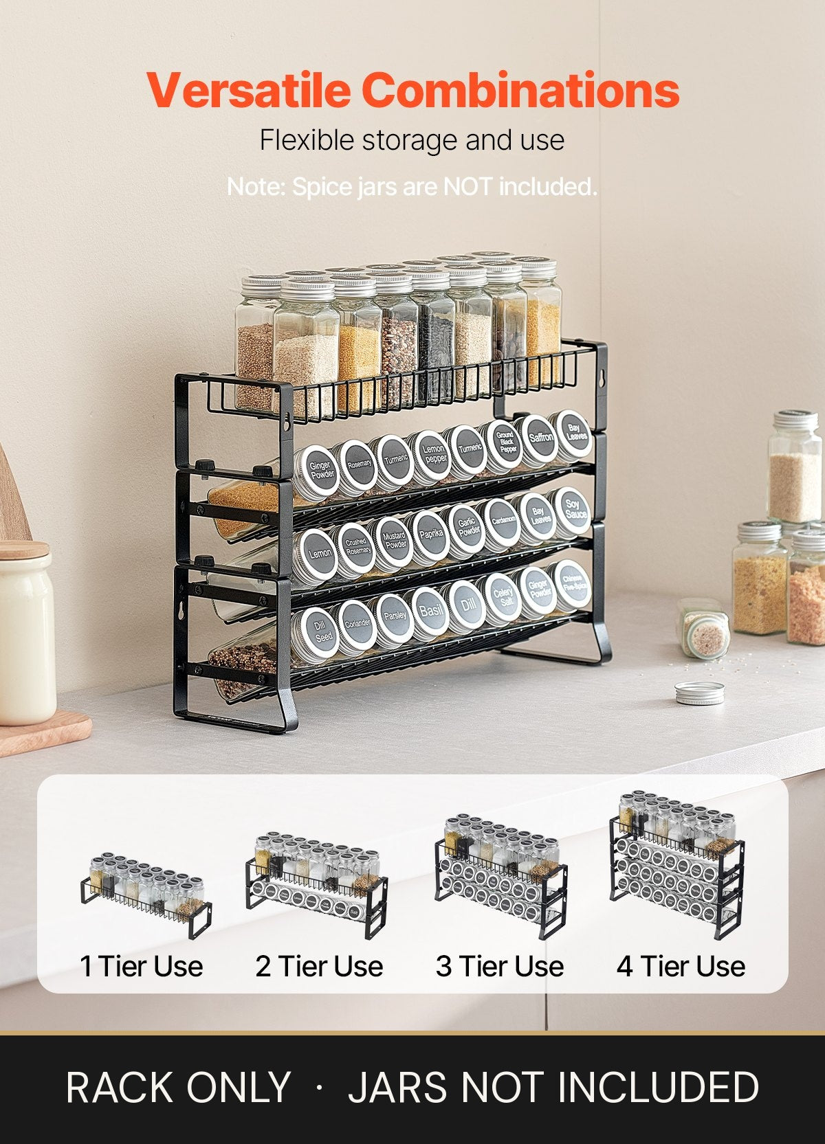 Spice rack organizer tiers detached and arranged as separate one, two, three and four tier racks