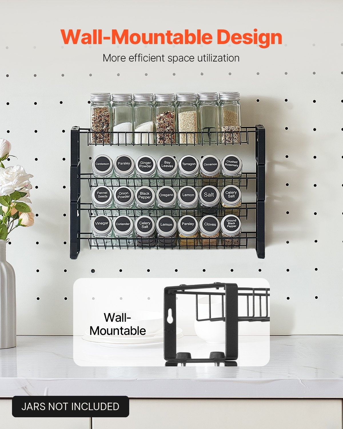 Spice rack organizer wall-mounted above a kitchen counter to save counter space